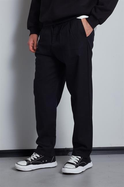 Erkek Beli Lastikli Desenli Baggy Pantolon Siyah