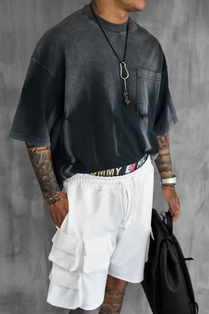 Erkek Beli Lastikli Kargo Cepli Oversize Şort Beyaz