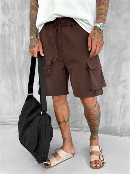 Erkek Beli Lastikli Kargo Cepli Oversize Şort Kahve