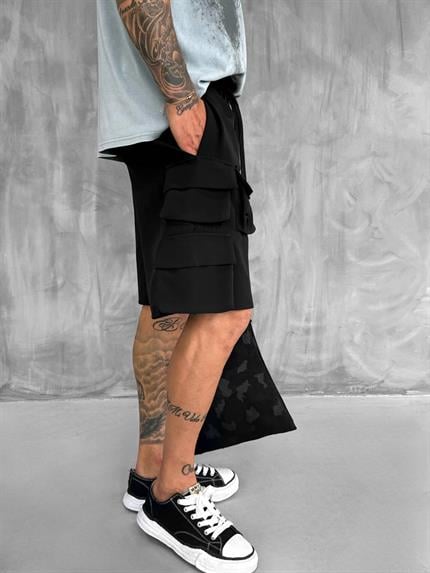 Erkek Beli Lastikli Kargo Cepli Oversize Şort Siyah