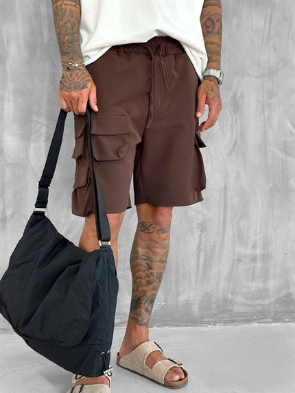Erkek Beli Lastikli Kargo Cepli Oversize Şort Kahve