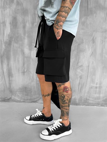 Erkek Beli Lastikli Kargo Cepli Oversize Şort Siyah