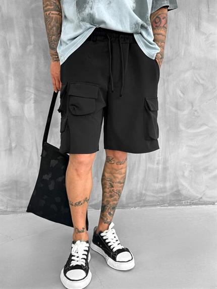Erkek Beli Lastikli Kargo Cepli Oversize Şort Siyah