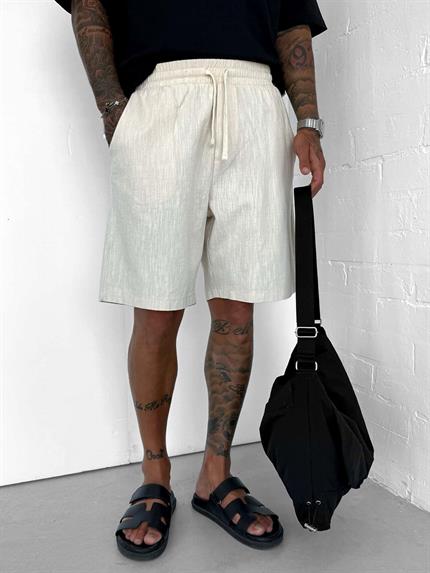 Erkek Beli Lastikli Keten Görünümlü Baggy Şort Bej