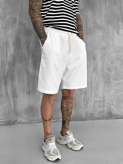 Erkek Beli Lastikli Keten Görünümlü Baggy Şort Ekru