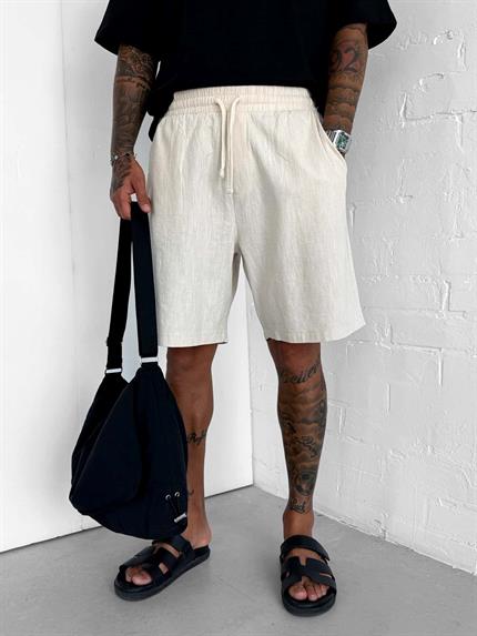 Erkek Beli Lastikli Keten Görünümlü Baggy Şort Bej