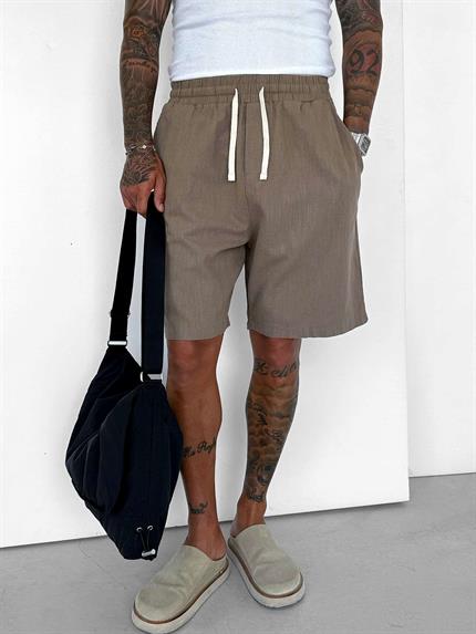 Erkek Beli Lastikli Keten Görünümlü Baggy Şort Kahverengi