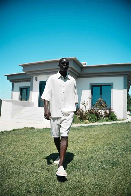 Erkek Beli Lastikli Keten Görünümlü Çizgili Baggy Şort Bej