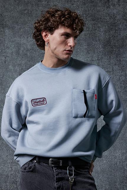 Erkek Bisiklet Yaka Cep Detaylı Sweatshirt Gri