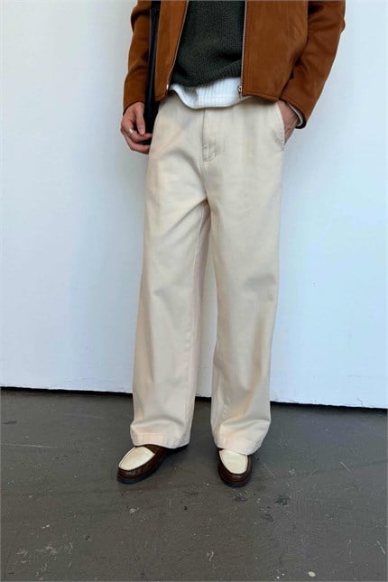 Erkek Bol Kalıp Premium Gabardin Pantolon Bej