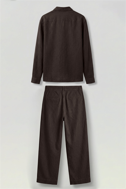 Erkek Bol Kesim Gömlek Pantolon Keten İkili Takım Kahverengi