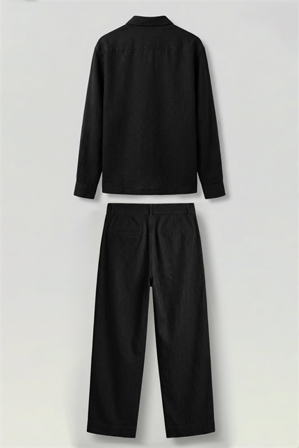 Erkek Bol Kesim Gömlek Pantolon Keten İkili Takım Siyah