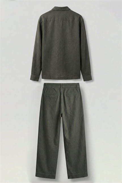 Erkek Bol Kesim Gömlek Pantolon Keten İkili Takım Haki