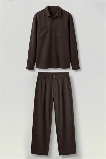 Erkek Bol Kesim Gömlek Pantolon Keten İkili Takım Kahverengi