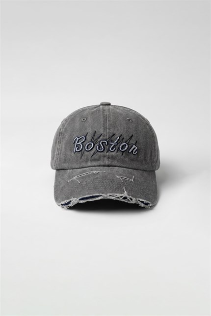 Erkek Boston Vintage Yıkamalı Beyzbol Şapka Gri