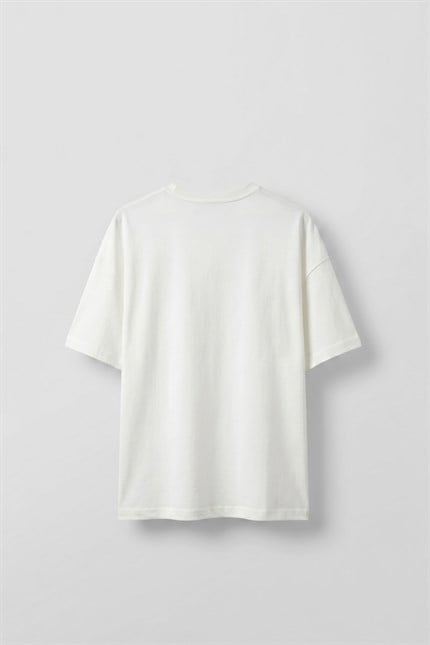 Erkek Boxy Fit %100 Pamuk Grafik Baskılı T-Shirt Ekru