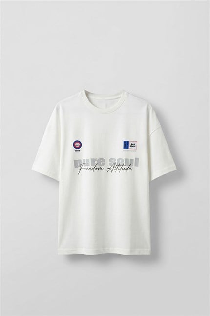 Erkek Boxy Fit %100 Pamuk Grafik Baskılı T-Shirt Ekru