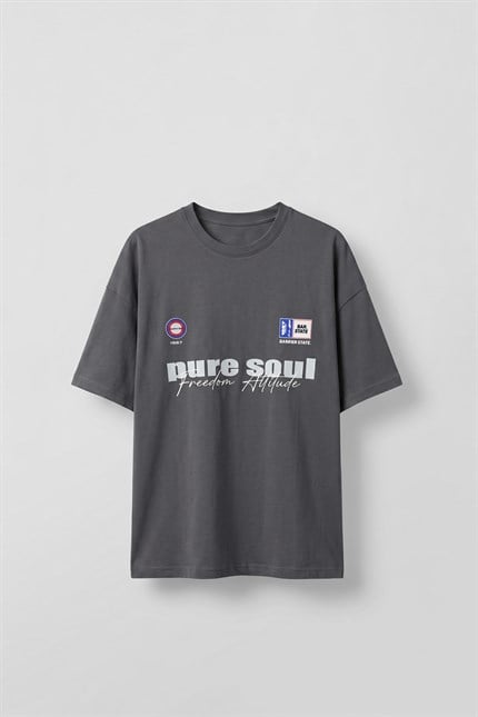 Erkek Boxy Fit %100 Pamuk Grafik Baskılı T-Shirt Füme