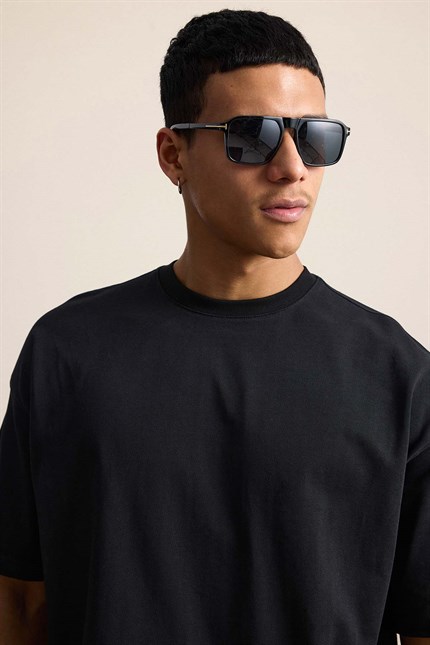 Erkek Boxy Fit Basic %100 Pamuklu T-Shirt Siyah