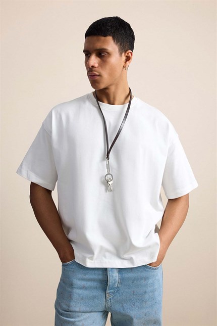 Erkek Boxy Fit Basic %100 Pamuklu T-Shirt Ekru