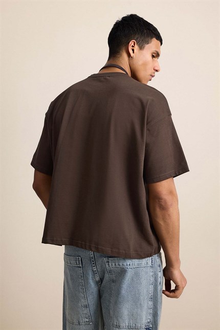 Erkek Boxy Fit Basic %100 Pamuklu T-Shirt Kahverengi