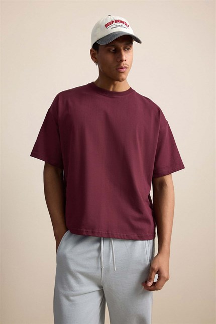 Erkek Boxy Fit Basic %100 Pamuklu T-Shirt Kırmızı