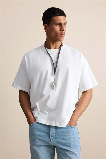 Erkek Boxy Fit Basic %100 Pamuklu T-Shirt Ekru