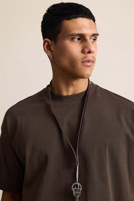 Erkek Boxy Fit Basic %100 Pamuklu T-Shirt Kahverengi