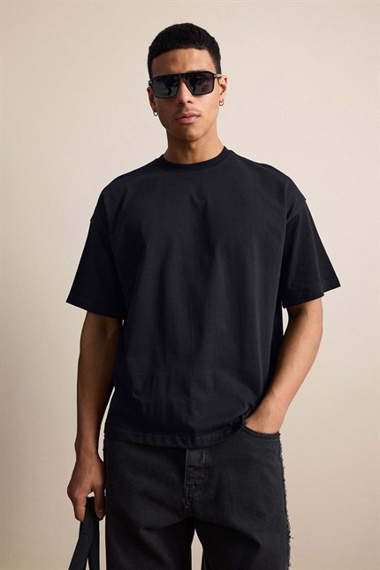 Erkek Boxy Fit Basic %100 Pamuklu T-Shirt Siyah
