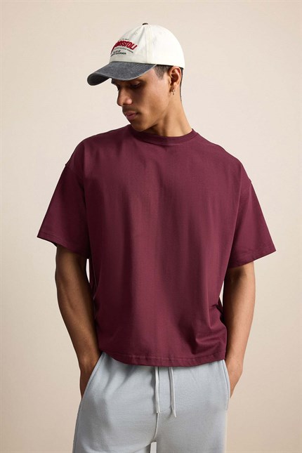 Erkek Boxy Fit Basic %100 Pamuklu T-Shirt Kırmızı