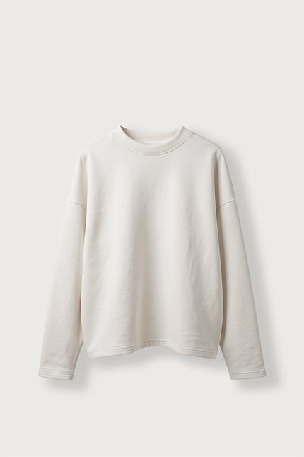 Erkek Boxy Fit Basic Bisiklet Yaka Scuba Sweatshirt Ekru