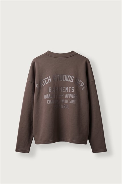 Erkek Boxy Fit Basic Bisiklet Yaka Scuba Sweatshirt Kahverengi