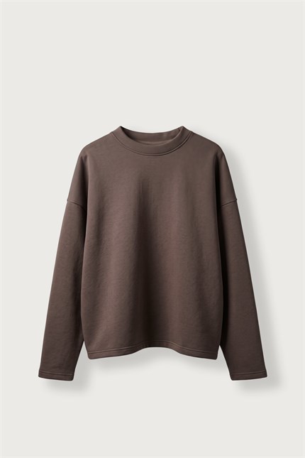 Erkek Boxy Fit Basic Bisiklet Yaka Scuba Sweatshirt Kahverengi