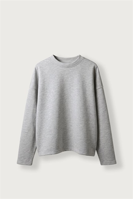 Erkek Boxy Fit Basic Bisiklet Yaka Scuba Sweatshirt Gri Melanj