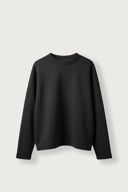 Erkek Boxy Fit Basic Bisiklet Yaka Scuba Sweatshirt Siyah