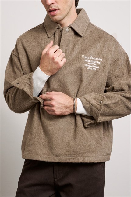Erkek Boxy Fit Basic Nakışlı Polo Yaka Sweatshirt Kahverengi