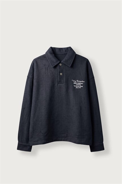 Erkek Boxy Fit Basic Nakışlı Polo Yaka Sweatshirt Lacivert