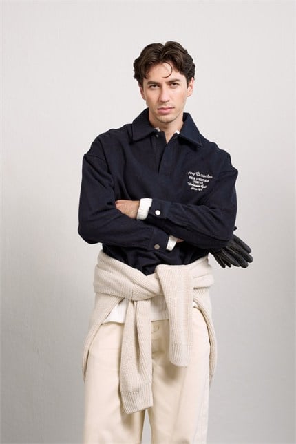 Erkek Boxy Fit Basic Nakışlı Polo Yaka Sweatshirt Lacivert