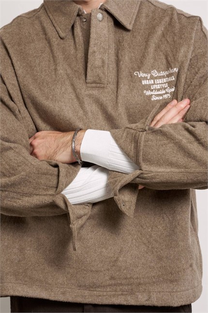 Erkek Boxy Fit Basic Nakışlı Polo Yaka Sweatshirt Kahverengi