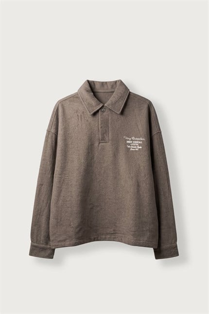 Erkek Boxy Fit Basic Nakışlı Polo Yaka Sweatshirt Kahverengi