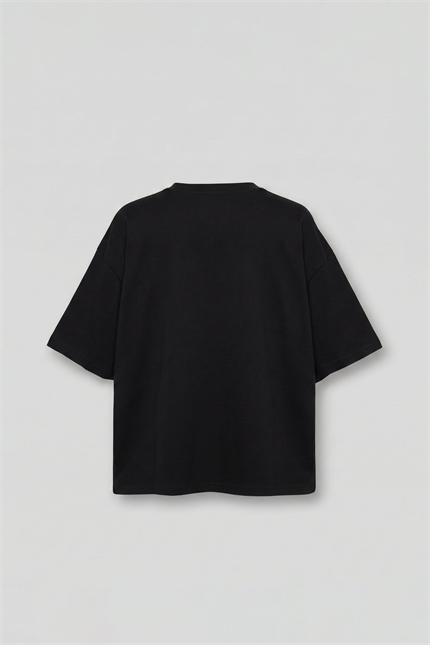 Erkek Boxy Fit Bisiklet Yaka Yazı Baskılı T-Shirt Siyah