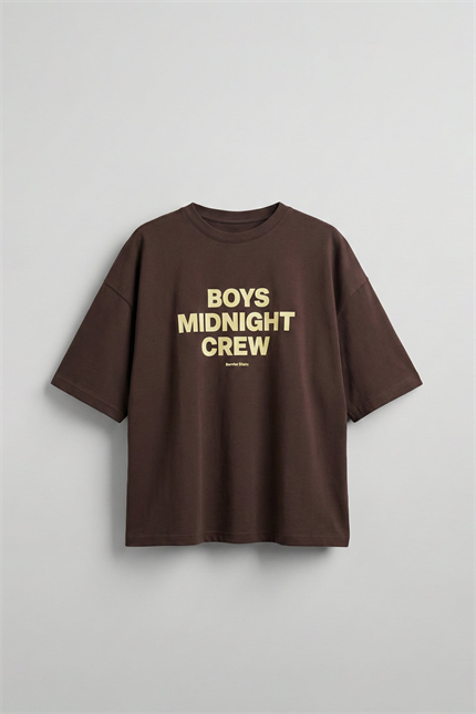 Erkek Boxy Fit Bisiklet Yaka Yazı Baskılı T-Shirt Kahverengi