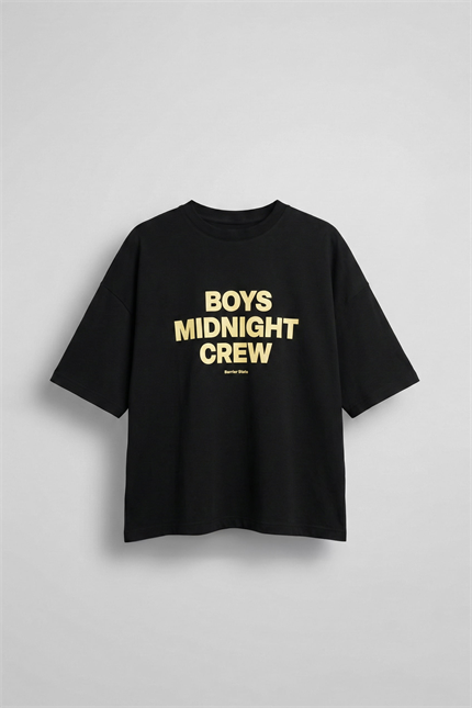 Erkek Boxy Fit Bisiklet Yaka Yazı Baskılı T-Shirt Siyah