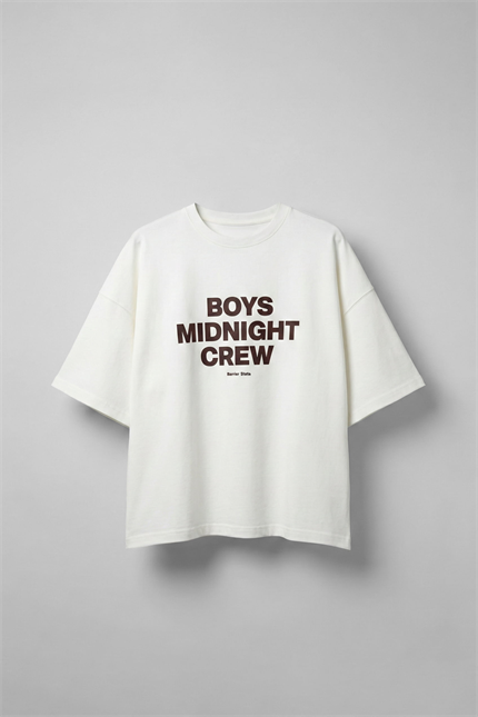 Erkek Boxy Fit Bisiklet Yaka Yazı Baskılı T-Shirt Ekru