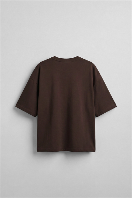 Erkek Boxy Fit Bisiklet Yaka Yazı Baskılı T-Shirt Kahverengi