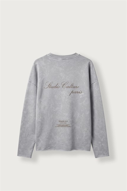 Erkek Boxy Fit Bisiklet Yaka Yıkamalı Baskılı Sweatshirt Bebek Mavi