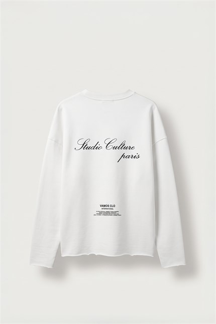 Erkek Boxy Fit Bisiklet Yaka Yıkamalı Baskılı Sweatshirt Ekru