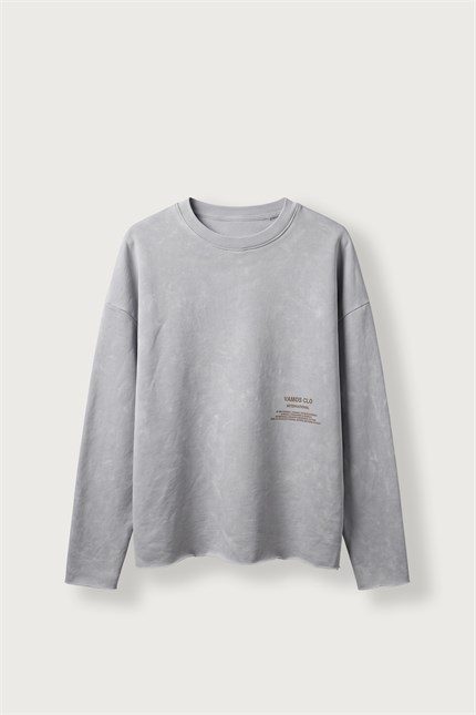 Erkek Boxy Fit Bisiklet Yaka Yıkamalı Baskılı Sweatshirt Bebek Mavi