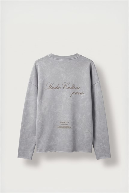Erkek Boxy Fit Bisiklet Yaka Yıkamalı Baskılı Sweatshirt Bebek Mavi