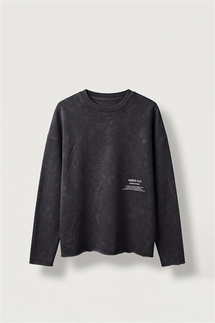 Erkek Boxy Fit Bisiklet Yaka Yıkamalı Baskılı Sweatshirt Siyah